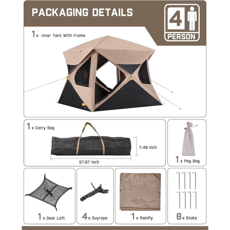 4 Person Pop Up Camping Tent, Instant Cabin Tent Sets Up in 60 Seconds, Portable Hub Tent with Rainfly, Windproof Family Tent for Outdoor Camping & Overlanding