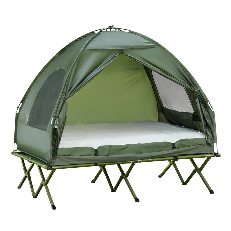 1/2 Person Foldable Camping Cot with Tent, Bedspread and Thick Air Mattress, 4-In-1 Elevated Camping Bed Tent for Outdoor Hiking, Picnic, Travel