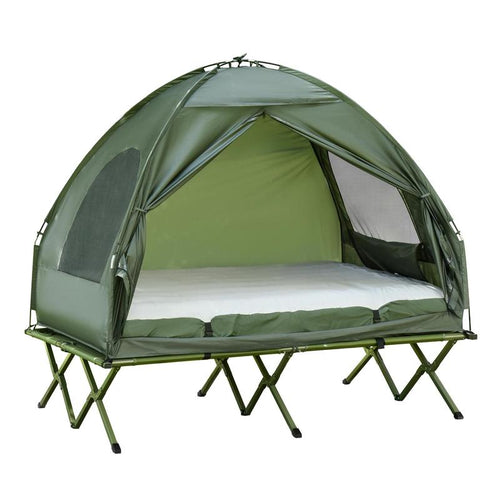 1/2 Person Foldable Camping Cot with Tent, Bedspread and Thick Air Mattress, 4-In-1 Elevated Camping Bed Tent for Outdoor Hiking, Picnic, Travel