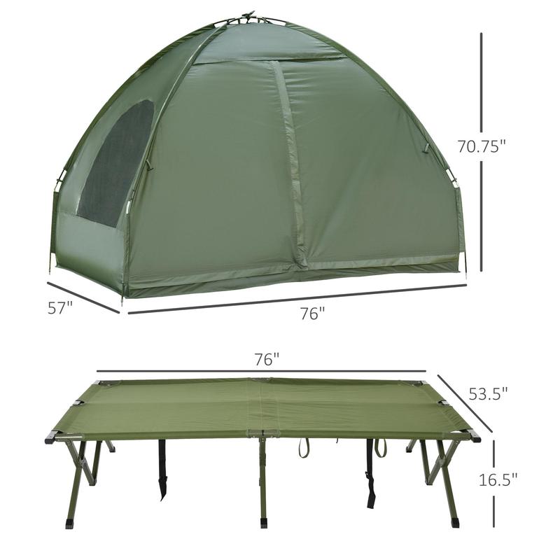 1/2 Person Foldable Camping Cot with Tent, Bedspread and Thick Air Mattress, 4-In-1 Elevated Camping Bed Tent for Outdoor Hiking, Picnic, Travel