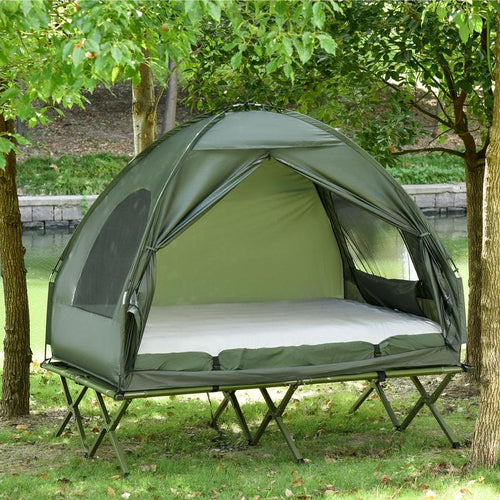1/2 Person Foldable Camping Cot with Tent, Bedspread and Thick Air Mattress, 4-In-1 Elevated Camping Bed Tent for Outdoor Hiking, Picnic, Travel