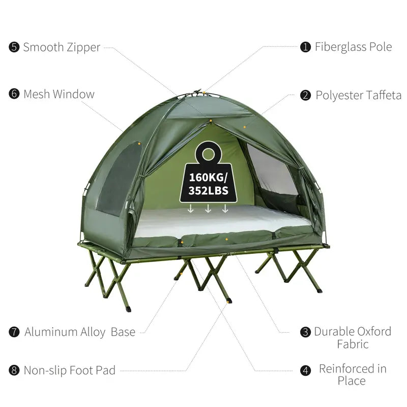 1/2 Person Foldable Camping Cot with Tent, Bedspread and Thick Air Mattress, 4-In-1 Elevated Camping Bed Tent for Outdoor Hiking, Picnic, Travel