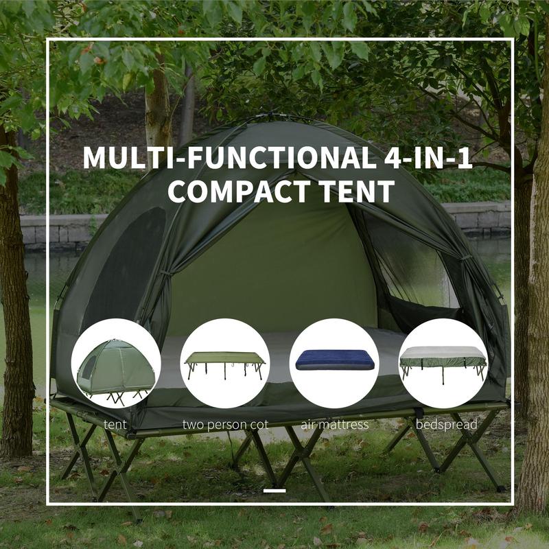 1/2 Person Foldable Camping Cot with Tent, Bedspread and Thick Air Mattress, 4-In-1 Elevated Camping Bed Tent for Outdoor Hiking, Picnic, Travel
