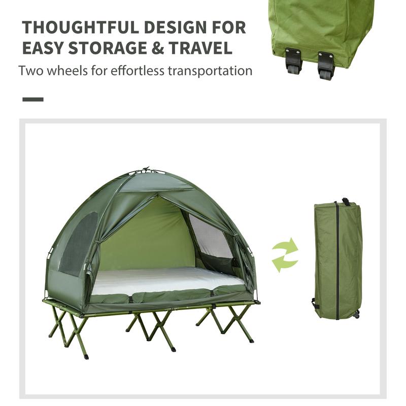 1/2 Person Foldable Camping Cot with Tent, Bedspread and Thick Air Mattress, 4-In-1 Elevated Camping Bed Tent for Outdoor Hiking, Picnic, Travel