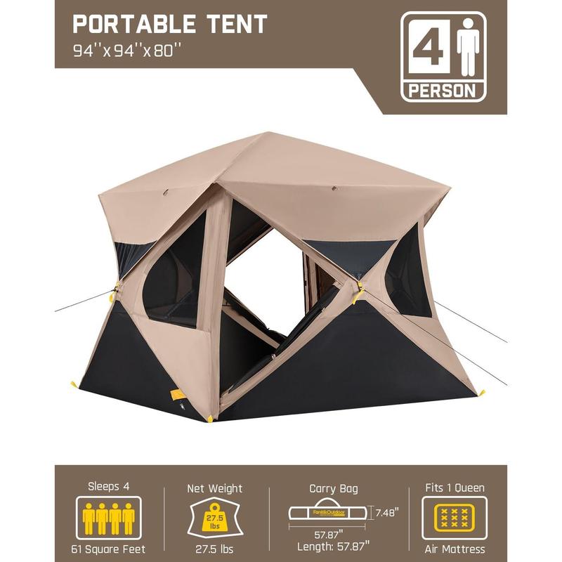 4 Person Pop Up Camping Tent, Instant Cabin Tent Sets Up in 60 Seconds, Portable Hub Tent with Rainfly, Windproof Family Tent for Outdoor Camping & Overlanding